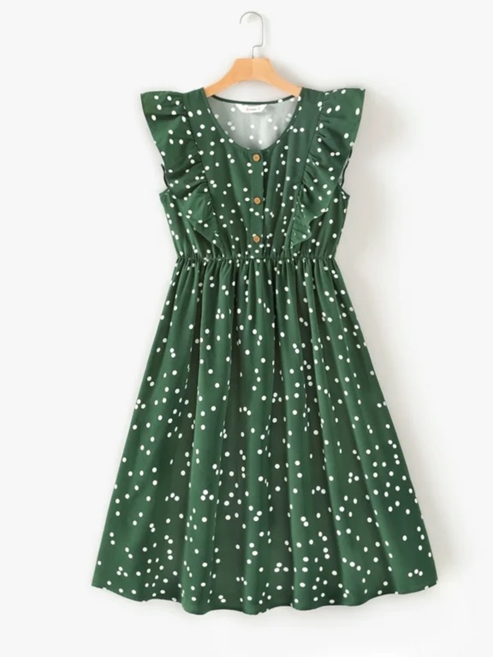 (B2) NWOT PatPat Women's Dark Green Polka Dot Ruffle Trim Midi Dress Size Small